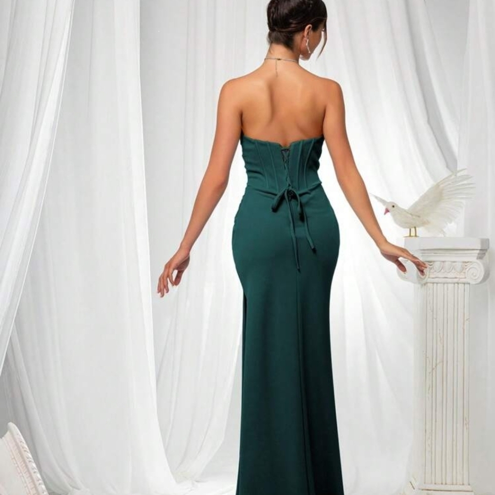 Green Strapless Slit Gown